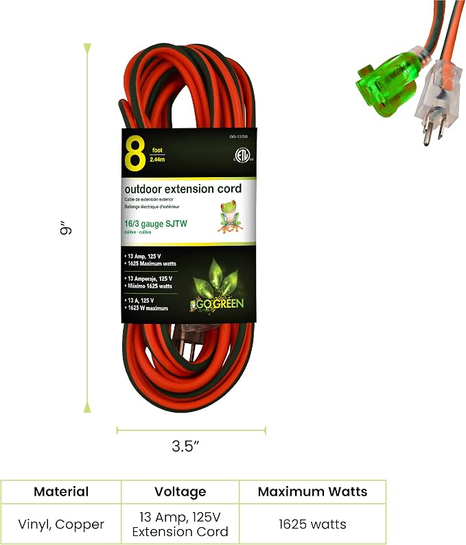 Go Green Power Inc. GG-13708 16/3 Heavy Duty Extension Cord-Orange, 8 ft (Pack of 2)