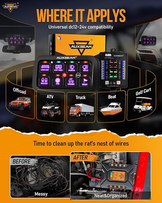 Auxbeam Switch Panel RB80 RGB 8 Gang Switch Panel Auto-Dimmable Multifunction Switch Panel w/Momentary Toggle Pulsed Memory, Aluminum Switch Panel for Truck Boat Car RV Waterproof, 3-Year Warranty