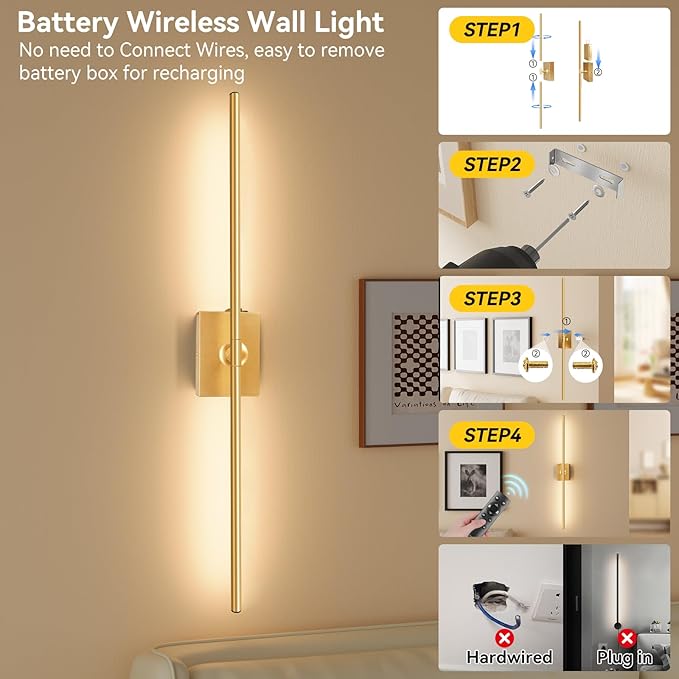 Ouyulong Battery Operated Wall Sconces Set of 2, 10000mAh Wireless Rechargeable 3000-6000K Dimmable 350° Rotate Wall Light with Remote for Living Room, Bedroom 23.6in Gold