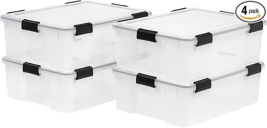IRIS USA WeatherPro 41 Qt Storage Bins with Lids, 4 Pack, BPA-Free Plastic Gasket Box with Tight Latch and Seal, Stackable Nestable Tote Tub - Clear/Black