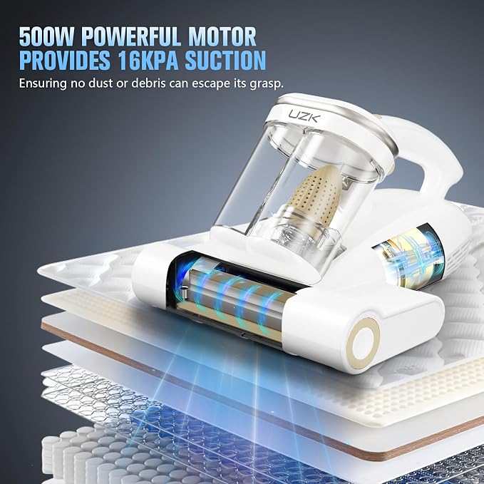 Bed Vacuum Cleaner Mattress Vacuum Cleaner,16Kpa Powerful Handheld Vacuums with UV-C Light & Double Dust Cup & High Heating & Ultrasonic & HEPA Filter for Bed Sofa(Corded,Silver White)