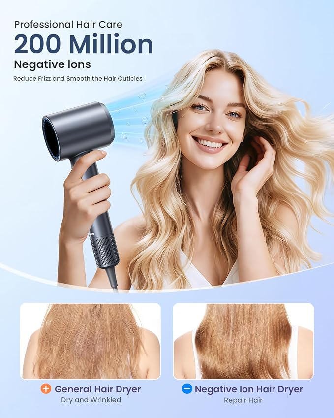 Hair Dryer, 150000 RPM Professional High-Speed Blow Dryer, Negative Ionic Hair Dryer for Fast Drying, Low Noise Thermo-Control HairDryer with Magnetic Nozzle for Home Travel Women Man