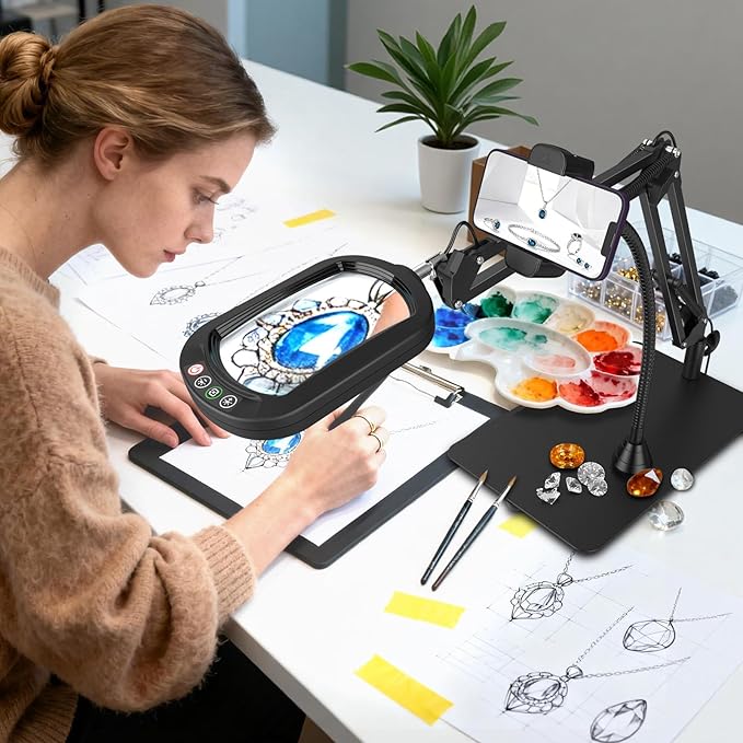 10X Square Magnifying Glass with Light and Stand, Real Glass LED Lighted Magnifier and Phone Holder, 5 Color Modes Stepless Dimmable, Hands-Free Desk Lamp for Craft Hobby Close Work Black and Holder