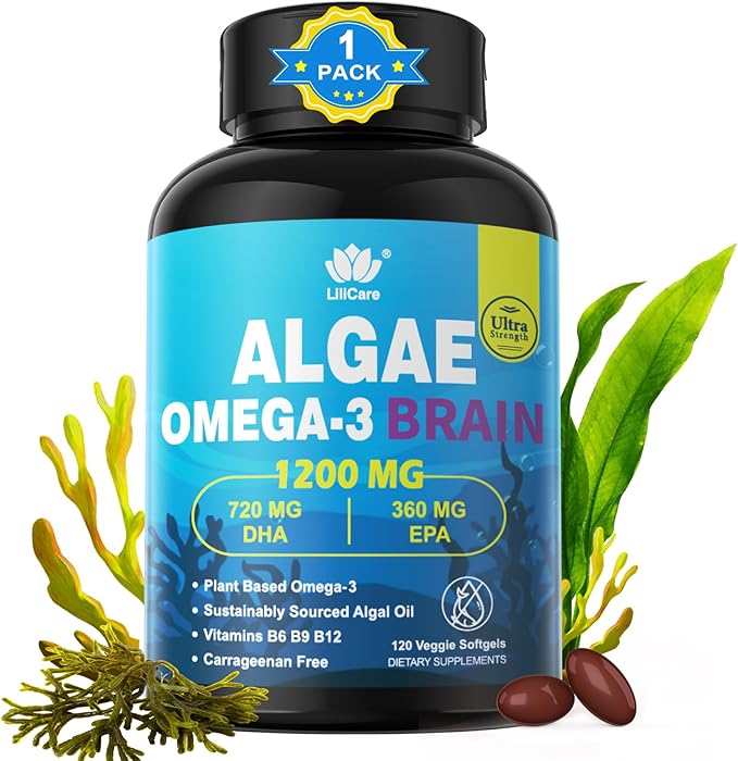 Vegan Omega 3 Supplement, Plant-Based Omega 3 DHA EPA w/Methylated B12, B6, B9, Vitamin E, Bacopa Monnieri, Ginkgo Biloba, 120cts Algae Oil Omega-3 Supplement for Brain, No Fish Taste, Non GMO, 1Pack
