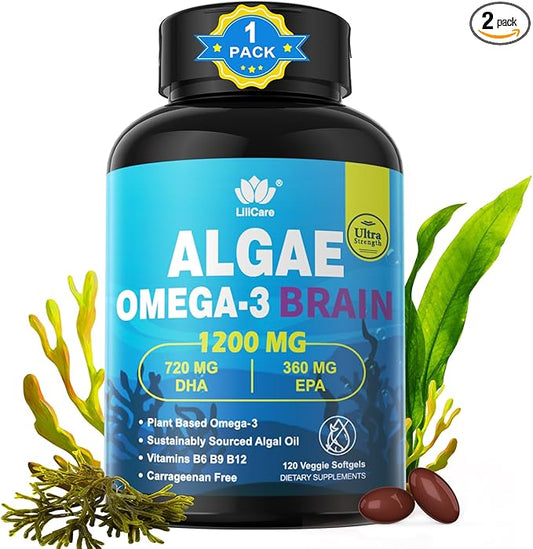 Vegan Omega 3 Supplement, Plant-Based Omega 3 DHA EPA w/Methylated B12, B6, B9, Vitamin E, Bacopa Monnieri, Ginkgo Biloba, 240cts Algae Oil Omega-3 Supplement for Brain, No Fish Taste, Non GMO, 2Pack
