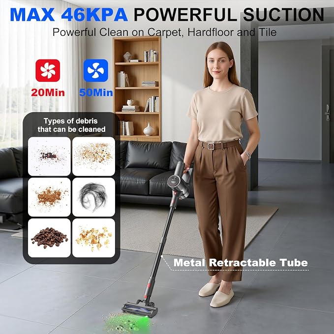 Cordless Vacuum Cleaner, 45KPA Powerful Stick Vacuum with LED Display Design, Tangle-Free Brush, Self-Standing, HEPA Filter, for Pet Hair, Carpet, Hardwood - Black