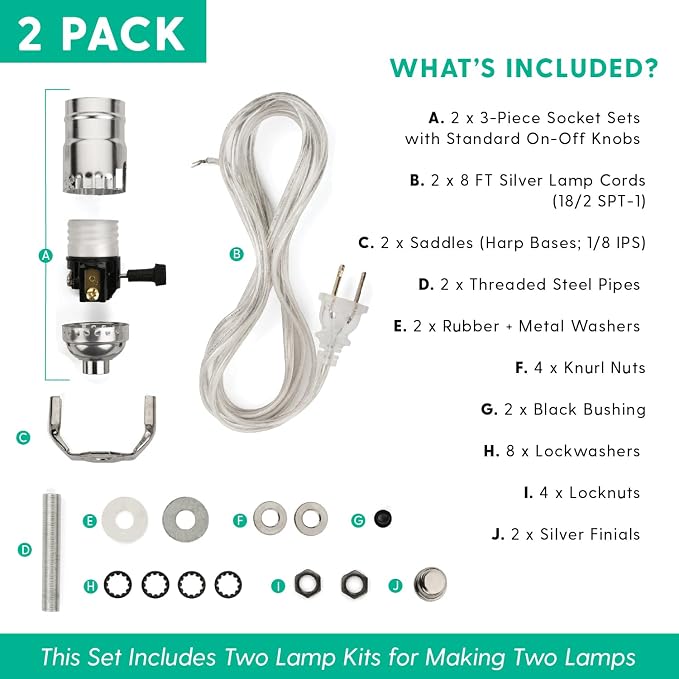 DIY Lamp Wiring Kit, Silver Socket & 8FT Silver Cord (2 Pack), for Making & Fixing Table or Floor Lamps, Repair & Rewire Antique or Vintage Lighting Fixtures, Complete Hardware Set