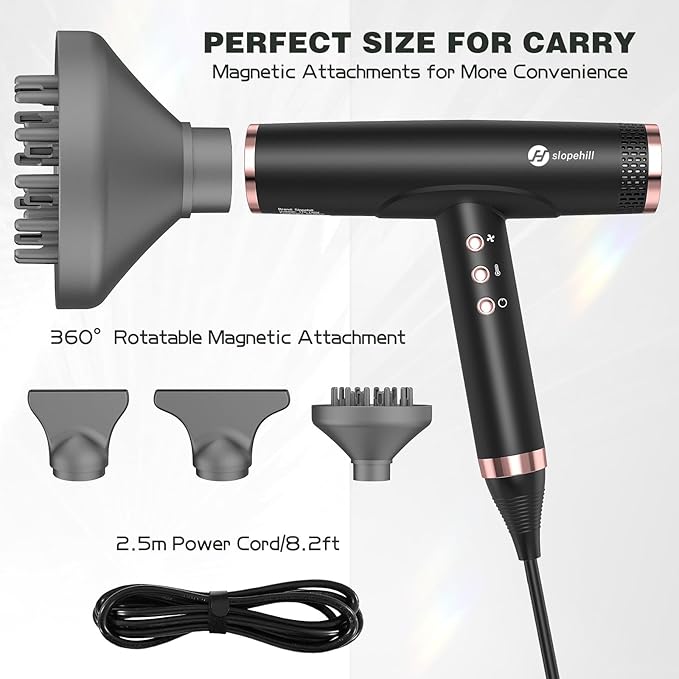 slopehill Professional Ionic Hair Dryer with Diffuser - Lightweight, Compact, Powerful & Fast Salon Blow Dryer with High Speed Brushless Motor for Travel, Women & Men Ceramic, Black