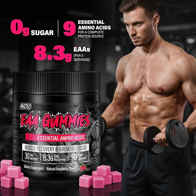 EAA Gummies - 2:1:1 BCAA Formula (8300mg) - Essential Amino Acids for Muscle Recovery & Endurance - Non-GMO, Gluten Free, Sugar Free, Vegetarian, Raspberry Flavor - 90 Count