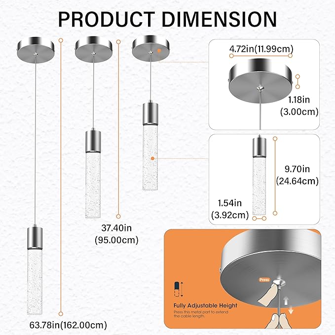 Pendant Lights Kitchen Island, 6500K Modern Kitchen Island Lights Brushed Nickel, 1 Pack Ceiling Lighting Fixtures with Crystal Bubble, Integrated LED Hanging Light for Dining Room Restaurant