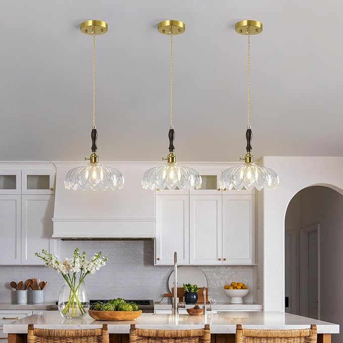 Modern Clear Glass Pendant Light Retro Flower Glass Hanging Lamp Gold Brass Decorative Adjustable Ceiling Hanging Light Suitable for Kitchen Island Bedroom Dining Room Living Room