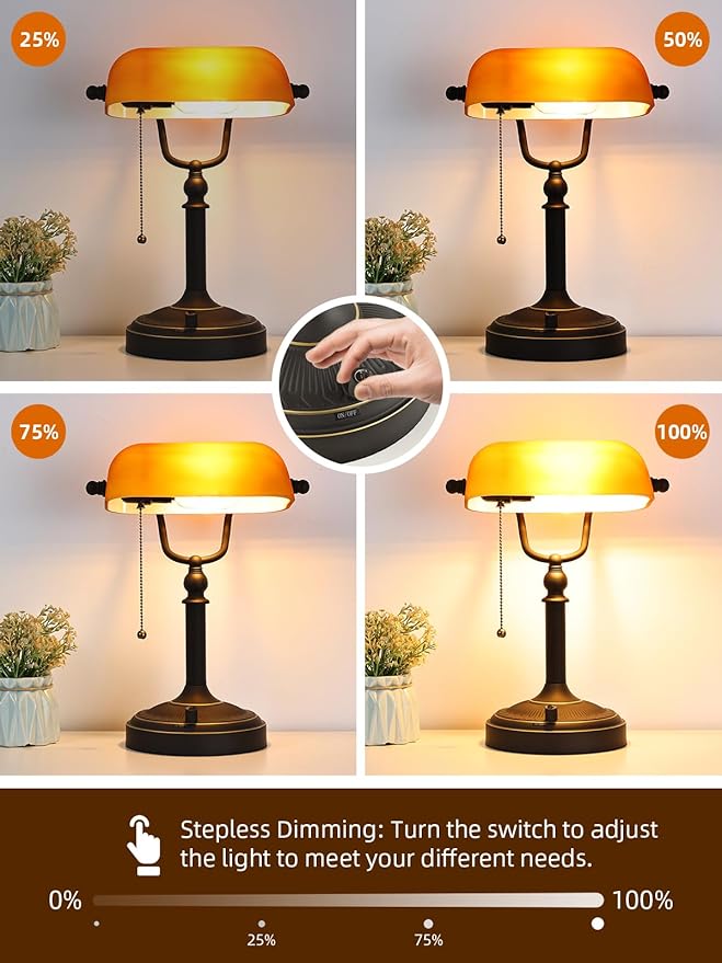 Matted Amber Glass Bankers Desk Lamp, Stepless Dimmable Table Lamp Plug in Fixture for Study, Home Office,Library, LED Bulb Included