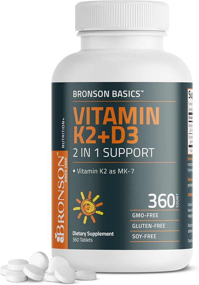 Bronson ビタミンK2 D3 (MK7) サプリメント 非遺伝子組み換え ビタミンD3 5000IU (125mcg) & 90mcg K2 MK-7、飲みやすい D&K コンプレックス、360錠