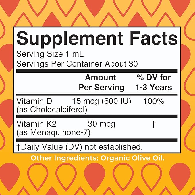 MaryRuth Organics Vitamine D3 | Vitamine K2 | Gouttes D3 K2 | Supplément Liquide Vitamine K2 D3 pour Tout-petits | Supplément pour Enfants pour l'Absorption du Calcium et des Os Forts | Vegan | Sans Gluten | 30 ml