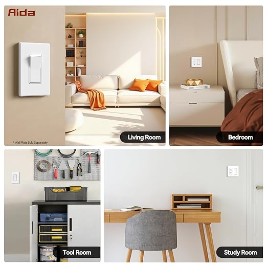 AIDA 1 Pack 3 Way Rocker Decora Light Switch, 15 Amp Self-grounding Electrical Light Switches, Residential Grade, UL Listed, Matte White