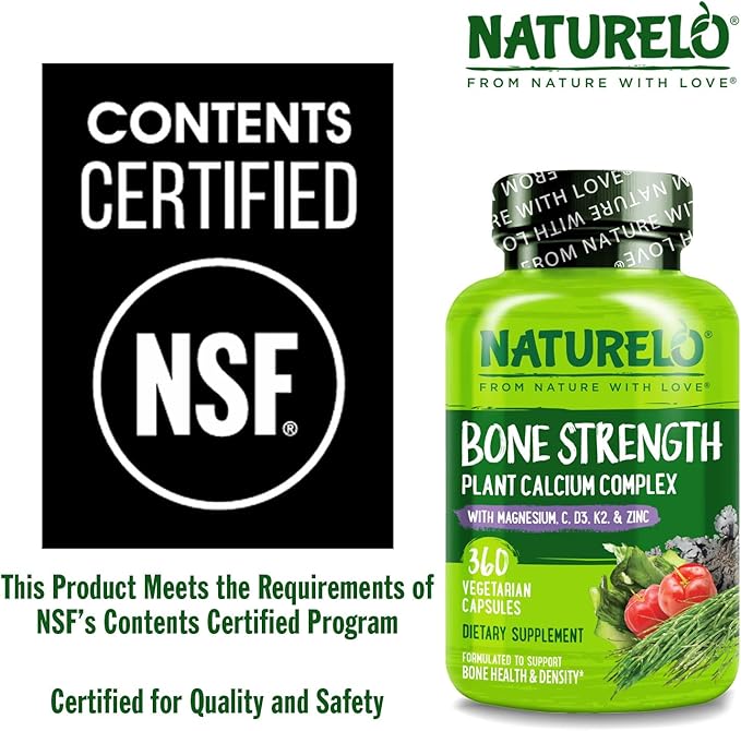 NATURELO Calcium Supplement with Vitamin C, D3, K2, and Magnesium Zinc for Bone Strength, 360 Vegetarian Capsules, with Calcium 600mg, Non-GMO, Plant-Based, Soy & Gluten-Free
