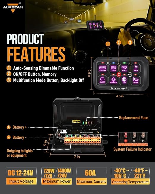 Auxbeam 8 Gang Switch Panel Bluetooth RGB AC-800 with APP&Remote Control Toggle Momentary Pulsed Switch Pod Off Backlight for Truck Offroad UTV ATV Car Marine 12-24V Waterproof 3 Years Warranty