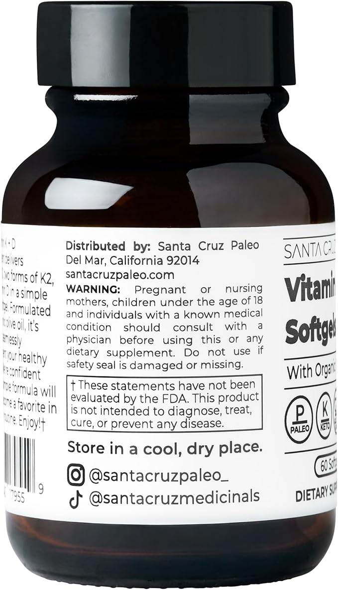 Gélules Santa Cruz Paleo Vitamine K2 + D3, complément quotidien avec de l'huile d'olive biologique, contient de la vitamine K1 et deux formes de K2, soutient la santé cardiaque et osseuse, sans gluten, sans sucre, paléo, céto, 60 unités
