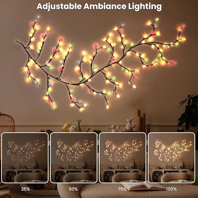 Easter Egg LED Tree Branch Lights for Wall,Easter Egg Willow Vine Twig Decor,USB Interface,with 48 LED Lights and Remote,8 Lighting Modes,for Home,Walls,Doors Windows (47inch)