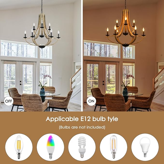 LAMPKEDUO Farmhouse Chandeliers for Dining Room Light Fixture, 9-Light 31" Adjustable Height Retro Faux Wood Texture Rustic Light Fixtures for Living Room Bedroom Kitchen Island Foyer Entryway