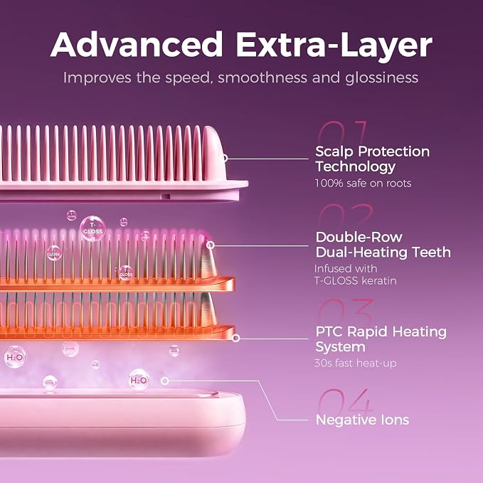 Ufree Hair Straightener Brush, Double Row Negative Ion Hot Comb for Women, 9 Temps Fast Heating 430°F LED Display, Anti Frizz, Works on Natural Curly Thick Hair, Dual Voltage Travel Ready