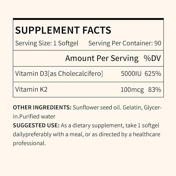 Vitamine D3 K2, 5000 UI D3 et 100 mcg K2 (Mk-7), avec huile de tournesol en gélules, 90 gélules, formule 2-en-1, facile à absorber et à avaler, soutient le système immunitaire (2 flacons)
