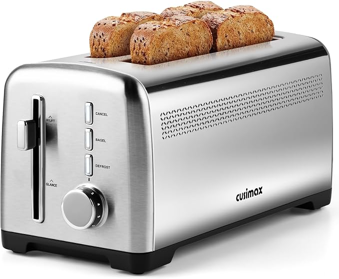 4 Slice Toaster, CUSIMAX Extra-Long Slots for Artisan Bread, Quick Glance Function, 9 Shade Settings, Bagel/Defrost/Cancel Functions, Removable Crumb Tray, Cool-Touch Stainless Steel Body