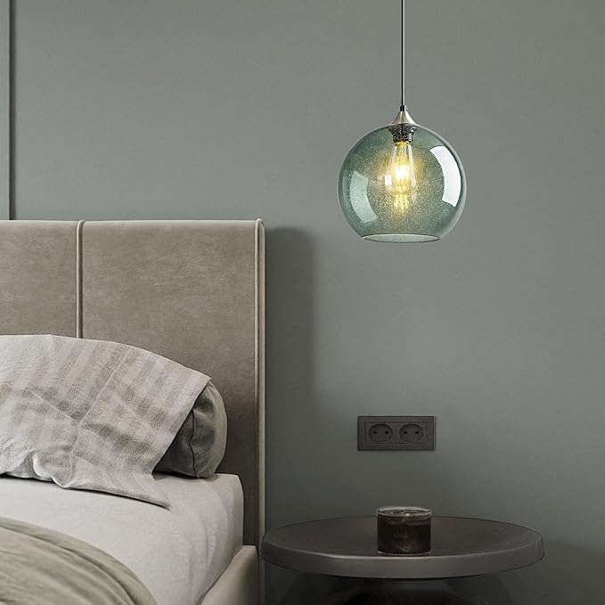 Mikeru Glass Globe Pendant Light Single, 9.85 Inch Gray Green Bubble Glass Hanging Lamp, Mid Century Modern Pendant Lighting for Kitchen Island Dining Room Bedroom (Bulb Not Included)