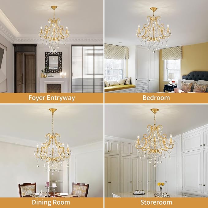 Crystal Chandelier, 5-Light Gold Chandelier for Dining Room Light Fixture, K9 Crystal Pendant Ceiling Light Fixture, Modern Candle Chandelier for Living Room Kitchen Island Entryway Bedroom