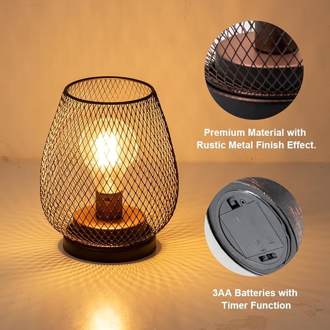 Set of 4 Battery Operated Lamp LED Table Lantern, Brown Metal Cage Cordless Lamps with LED Bulb，Vintage Decorative Outdoor Lantern for Weddings, Parties, Patio, Events for Indoors Shelf Decor