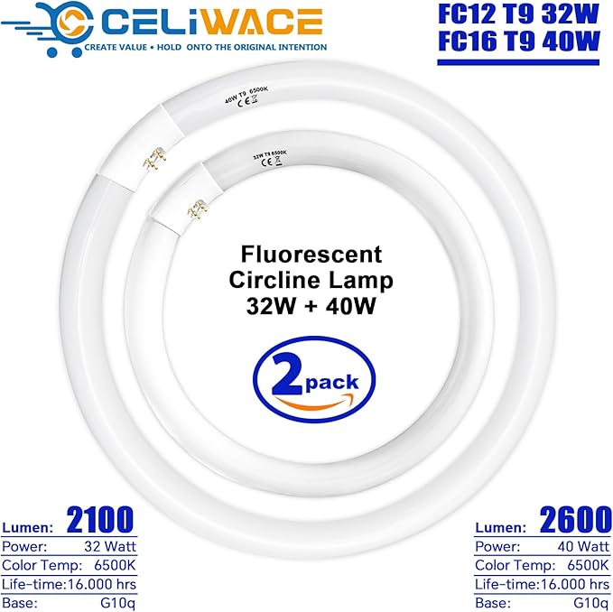 Celiwace FC16T9 40 Watt and FC12T9 32W Set 6500K, 16 inch T9 40W Circline Light Bulbs, 12 inch 32W Circular Fluorescent Round Bulb CRI 80, DL 4700 Lumen G10q