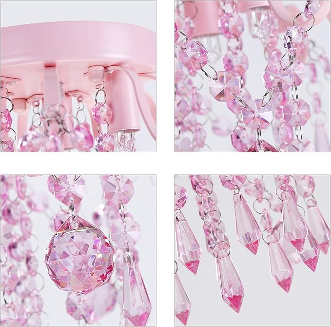 Q&S Mini Crystal Chandelier,Semi Flush Mount Pink Girl Chandelier, Small Crystal Ceiling Light Fixture Bedroom Bathroom Closet Nursery 3 Lights