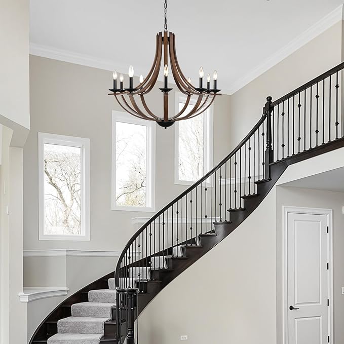 LAMPKEDUO Rustic Chandeliers for Dining Room Light Fixture, 10-Light 35" Adjustable Height Retro Faux Wood Texture Farmhouse Light Fixtures for Living Room Bedroom Foyer Entryway