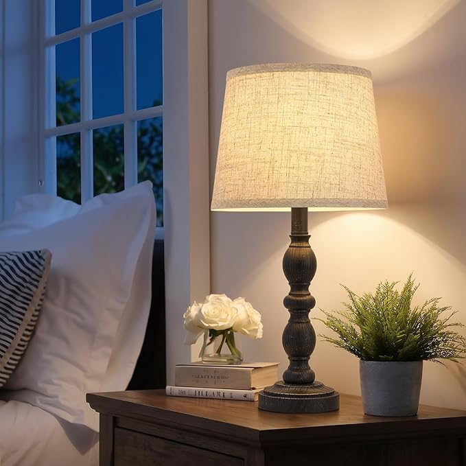 GyroVu 20.5" Table Lamps for Nightstand Set of 2, Farmhouse Lamps for Bedroom, Small Desk Lamps for Living Room, Linen Shades, Knob Switch, Bedside Lamps for Reading, Office (Black)