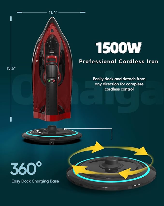 OMAIGA Cordless Iron for Clothes, 1500W Wireless Steam Iron with Ceramic Soleplate, 360 Degree Power Base, Auto Shut Off, Self-Clean, Anti-Calc, 3 Temperature Settings, 11.84oz Water Tank, Red