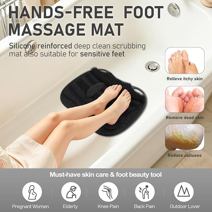 Shower Foot Scrubber Mat in Shower XL, Silicone Exfoliating Bathtub Safety Mat Massage Non-slip Suction Cups Scrubber Foot Toes Clean Pad without Bending Achy Relief 17.4 * 13.4" Black