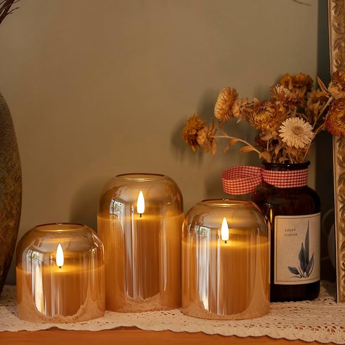 volnyus Gold Glass Flameless Candles with Remote Battery Operated Flickering LED Pillar Candles Real Wax 3D Wick Φ4 H 4" 5" 6"
