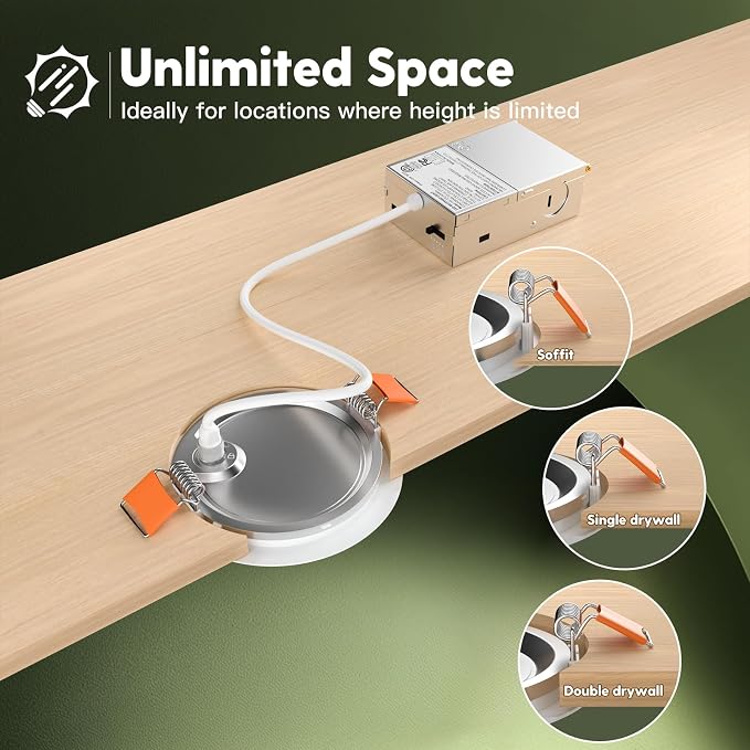 FREELICHT 12 Pack 4 Inch 5CCT Ultra-Thin LED Recessed Ceiling Light with Junction Box, 2700K/3000K/3500K/4000K/5000K Selectable, 700LM Brightness, Dimmable Canless Wafer Downlight, 10WEqv90W, ETL&FCC