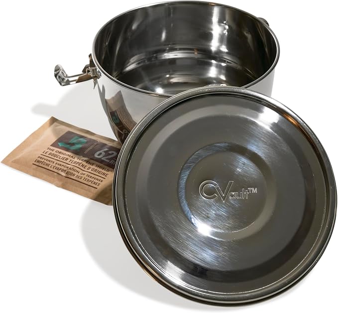 CVAULT | 1/4 lb Container | Air Tight & Light Resistant | Food Grade Stainless Steel | Includes 62% RH humidity pack