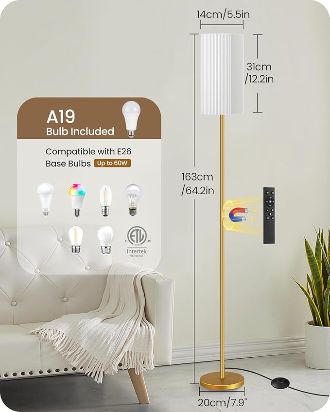 2Pack 64.2” Dimmable Floor Lamp for Living Room with Remote & Foot Switch, Corner Floor Lamp for Bedroom, Includes A19 Bulb, Modern Standing Tall Lamp, ETL Listed White and Gold DCW17LDP205