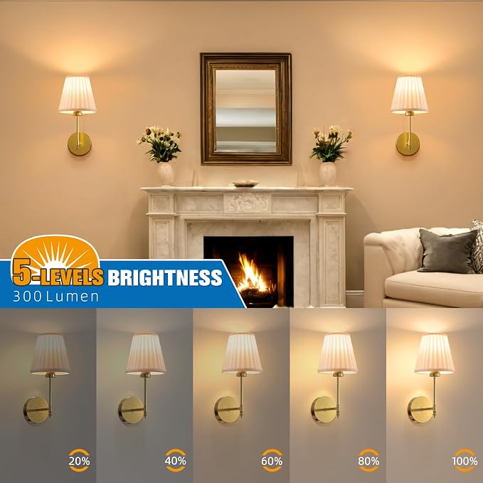 NIORSUN 14.5 inch Battery Operated Wall Sconce Set of 2,Beige Gold Rechargeable Wall Lights with 10400mAh Dimmable Bulbs and Remote,10 Colors Wireless Wall Lamps for Bedroom Living Room
