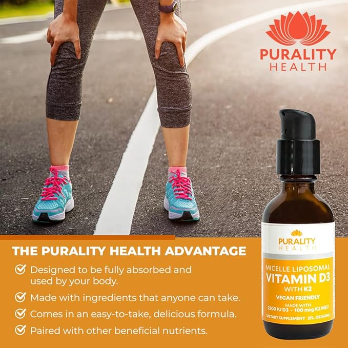 PURALITY HEALTH Vitamine D3 avec K2 Complément Liquide, Végétalien, Absorption Améliorée par Micelle Liposomale, Sans OGM, Approvisionnement de 30 Jours