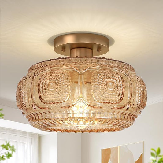 11 in Vintage Mid Century Semi Flush Mount Ceiling Light | Amber Globe Glass Ceiling Light Fixture, Art Deco Lighting fixtures Ceiling for Hallway Porch Bedroom, Bulb Not Included