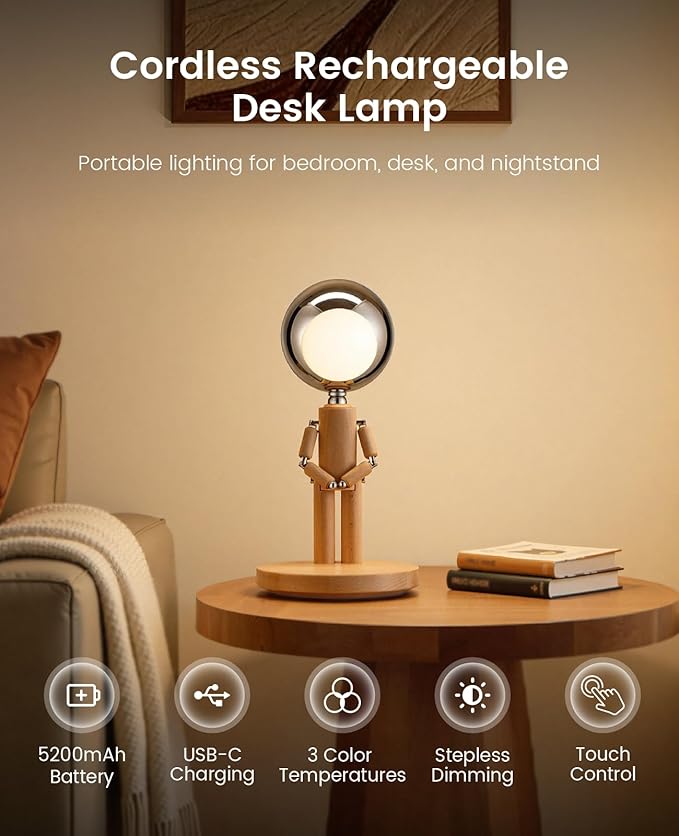 Rechargeable Cordless Desk Lamp, Creative Wooden Table Lamp with 3 Color &Stepless Dimming, Adjustable Pause Moon Lamp, Unique Decorative Desk Lamp for Bedroom, Nightstand, Office & Gift, Beech Wood