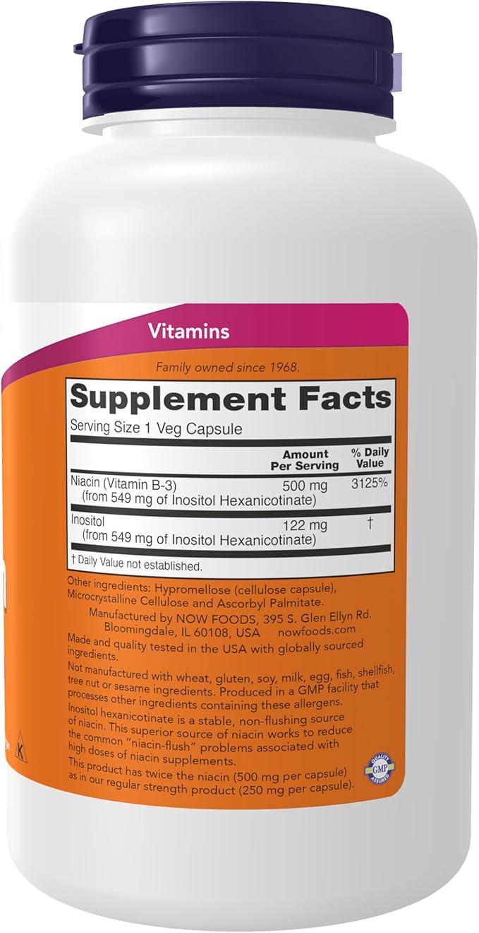 NOW Foods Compléments,Niacine (Vitamine B-3) 500 mg,Sans Rougeurs,Double Dosage,Santé Nutritionnelle,180 Gélules Végétales,(Lot de 2)