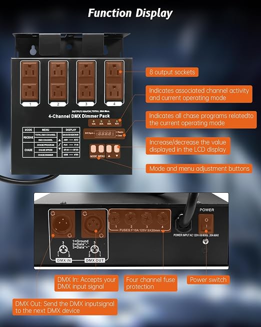 DMX Dimmer Pack 512, 4 Channel Dimmer Pack with 5' DMX Cable and LED Display, 5 DMX Modes, 20A Max Suitable for Stage Lighting Control