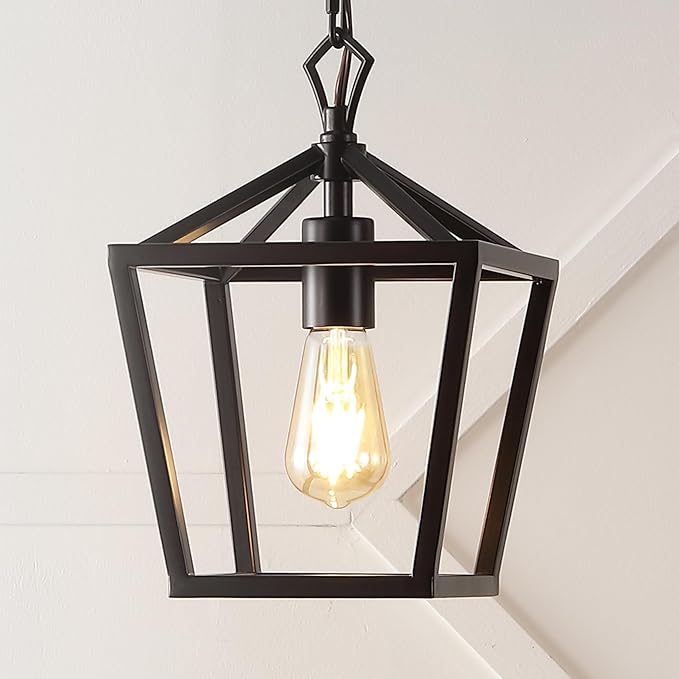 JONATHAN Y 8" Oil Rubbed Bronze Lantern Pendant Light, 1-Light Pagoda Style Metal Cage Farmhouse Hanging Ceiling Fixture for Kitchen Island, LED Bulb Included JYL7618A