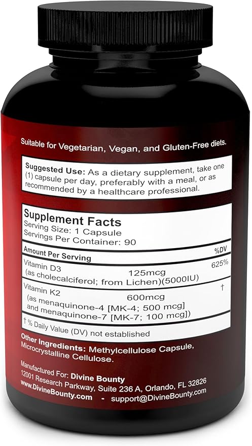 Divine Bounty Vitamin K2 (MK7 & MK4) with D3 Supplement - Vitamin K & D as MK-7 100mcg, MK-4 500mcg, and 5000 IU Vitamin D3 3-in-1 Formula - Bone and Heart Support - 90 Non-GMO Vegetarian Capsules