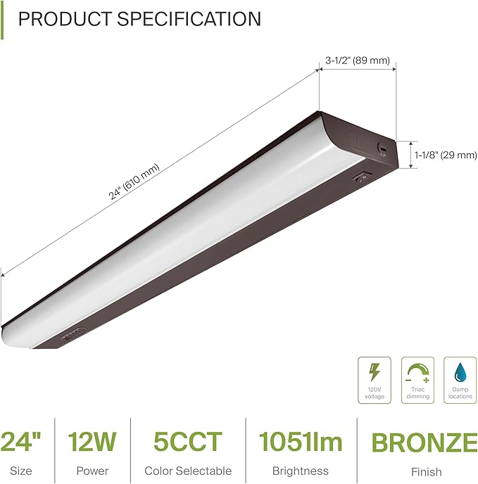 ASD LED Under Cabinet Lighting Hardwired, 24 Inch 12W 2700K-5000K Selectable, 1051LM, CRI90+, Direct Wire Linkable Under Counter Lights for Kitchen, Dimmable Under Cabinet Lights, Bronze, UL Certified
