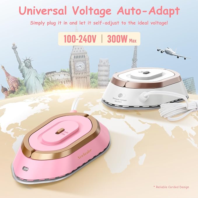 Newbealer Travel Iron Set, 100-240V Mini Dry Iron for Clothes (No Steam) | Max 300W, Heats in 60s, 302℉ Ceramic Soleplate, Handy Heat Press, 0.8lbs Lightweight for Quick Touch-ups Worldwide (Pink)